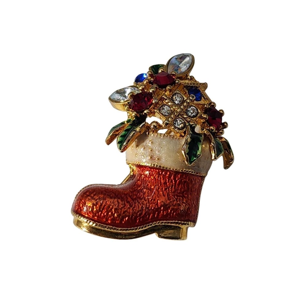 Vintage gold tone enamel & rhinestones Christmas holiday‎ Santa boot brooch pin
